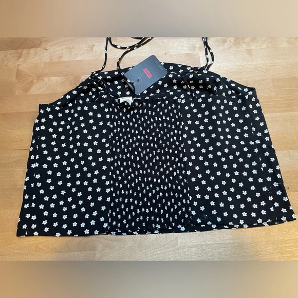 Levi’s NWT Deliah Simple Daisy Caviar Black/White Floral Smocked Cami Tie Strap - Picture 15 of 16